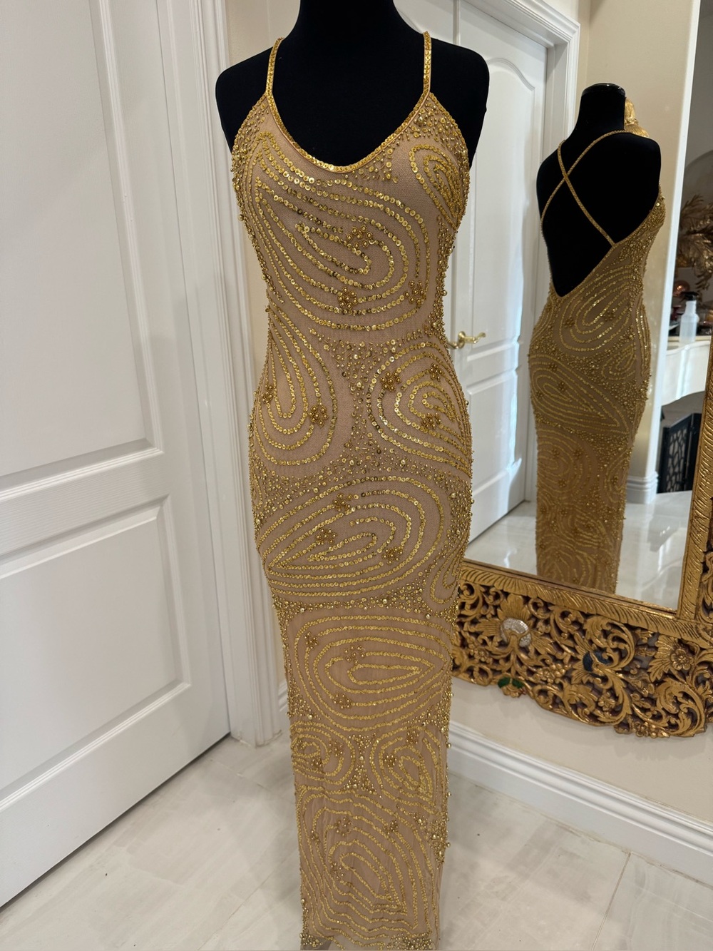 Gold hand Beaded Spaghetti-Strap Evening Dress Attitudes by Debra